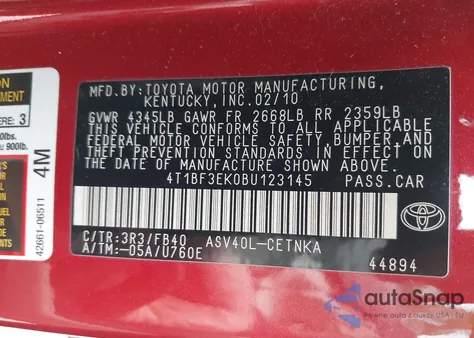 2011 Toyota Camry Le from USA, damaged, VIN 4T1BF3EK0BU123145